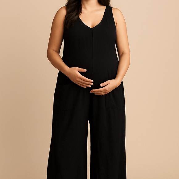 NWT Bumpsuit Maternity Black Romper Jumpsuit Linen Large Oversized Pockets - Picture 1 of 7